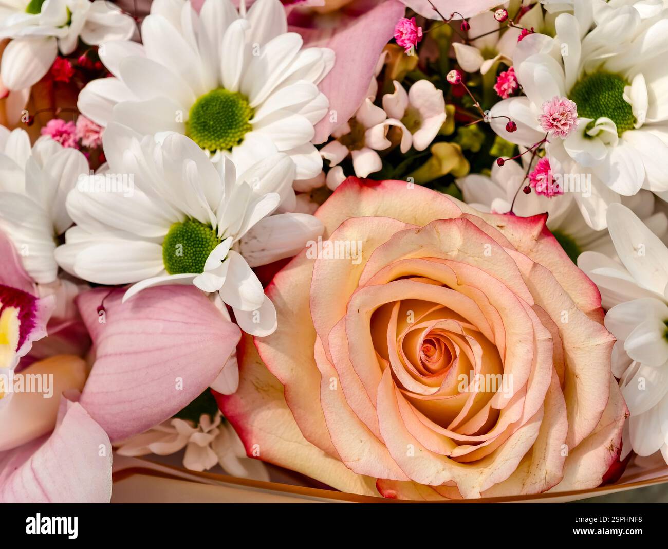 Bellissime rose in un bouquet insieme ad altri fiori. Il regalo migliore per qualsiasi donna in vacanza Foto Stock