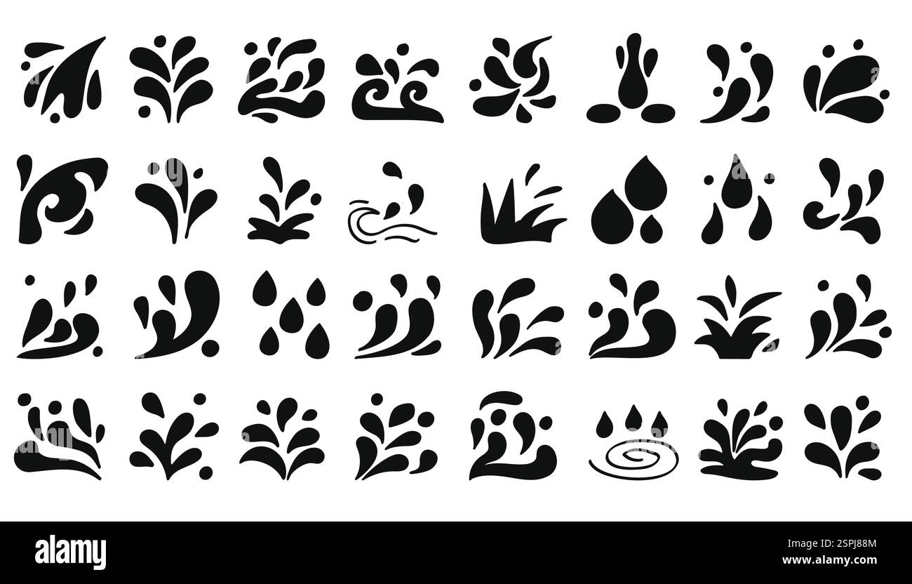 Una raccolta di icone di spruzzi d'acqua nera in stile glifo. Perfetto per rappresentare acqua, liquidi, onde e flusso dinamico in loghi, marchi e grafici Illustrazione Vettoriale