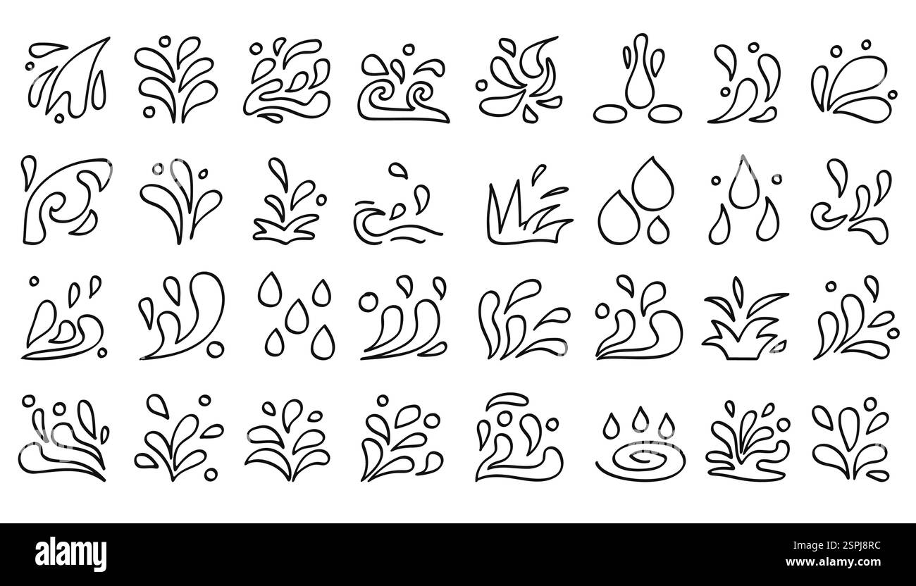 Una raccolta di icone di spruzzi d'acqua nera in stile contorno. Perfetto per rappresentare acqua, liquidi, onde e flusso dinamico in loghi, branding e gra Illustrazione Vettoriale