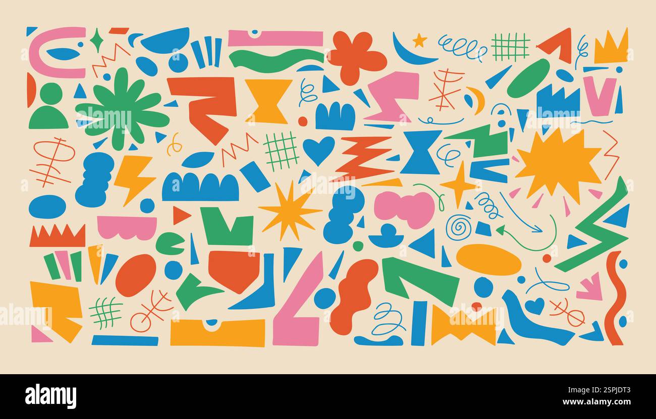 Una vivace collezione di stravaganti scarabocchi astratti con colori pastello, forme geometriche, linee ingenue e figure primitive. Elementi vettoriali disegnati a mano fe Illustrazione Vettoriale