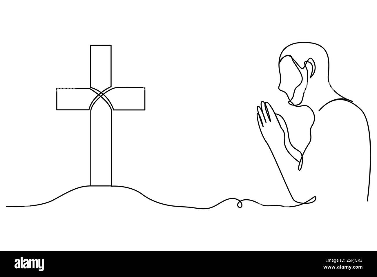 Disegno continuo su una linea di croce cristiana, vettoriale isolato su uno stile minimalista bianco Illustrazione Vettoriale