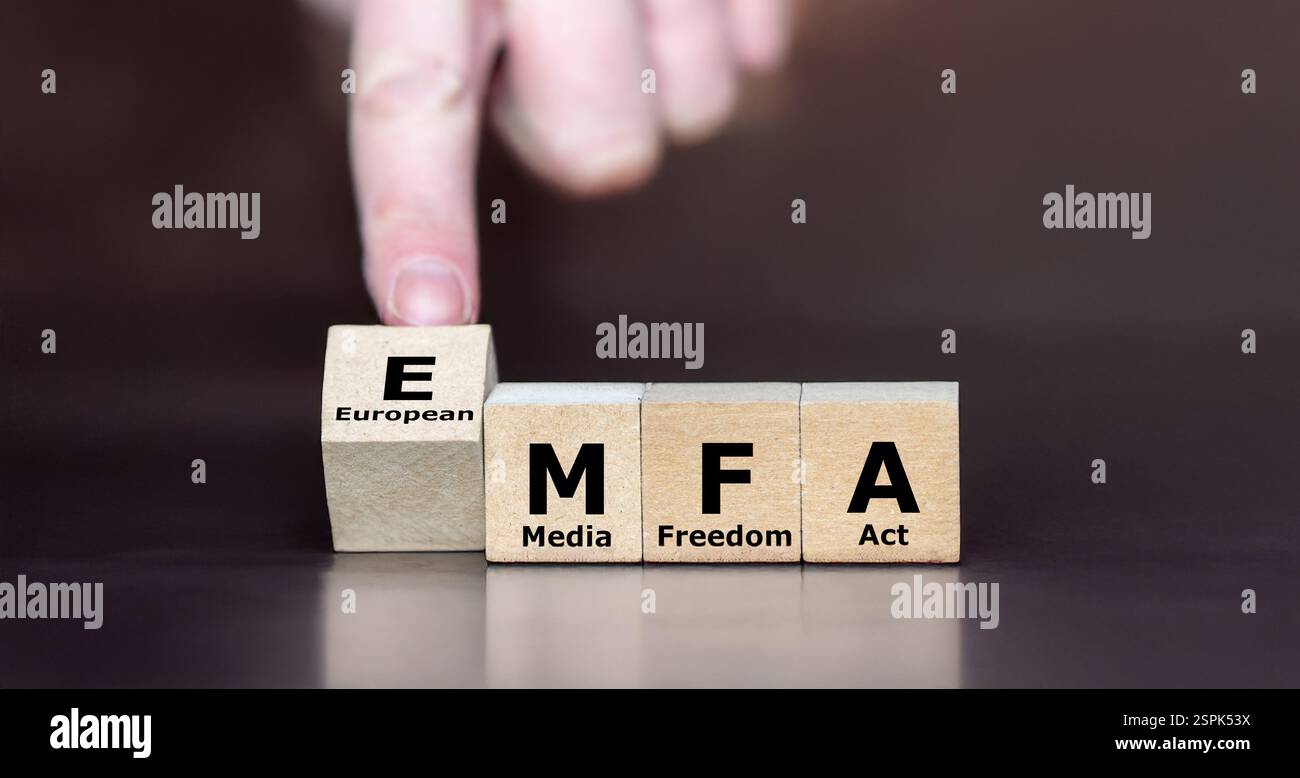 I cubi formano l'abbreviazione EMFA (European Media Freedom Act). Simbolo di una nuova legge europea. Foto Stock