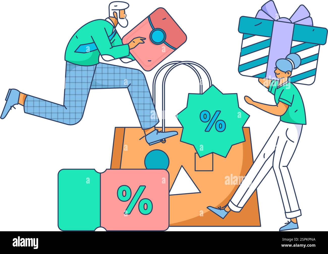 Persone che fanno shopping durante le festività che fanno acquisti online shopping online operazione di concetto vettoriale piatto illustrazione disegnata a mano Illustrazione Vettoriale