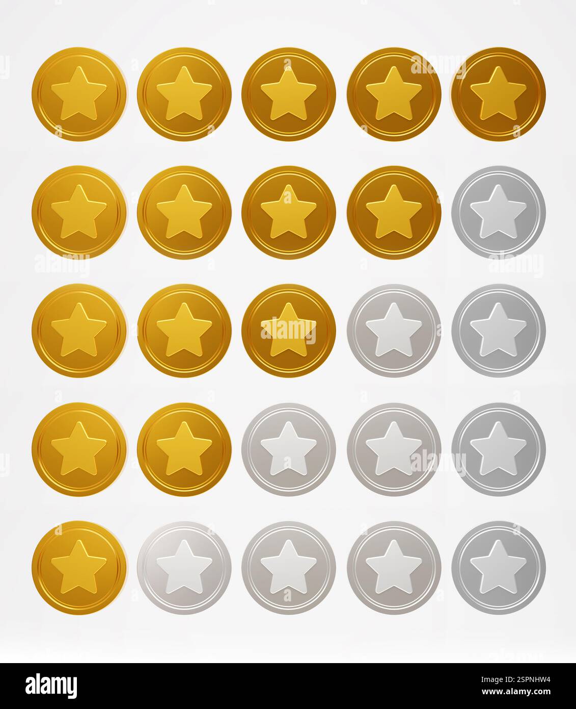 Monete d'oro con segno di stella. Concediti monete. Soldi d'oro. Monete d'oro con stella per la classificazione. Set di monete d'oro. Set di icone velocità stelle. Piatto e realistico Foto Stock