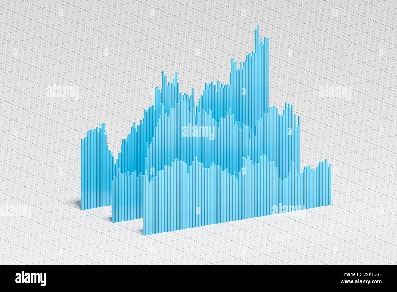 Grafico a barre dei prezzi storici di titoli, azioni, obbligazioni o materie prime o dati finanziari disposti in 3d su sfondo cartaceo su scala. Isometrico im Foto Stock
