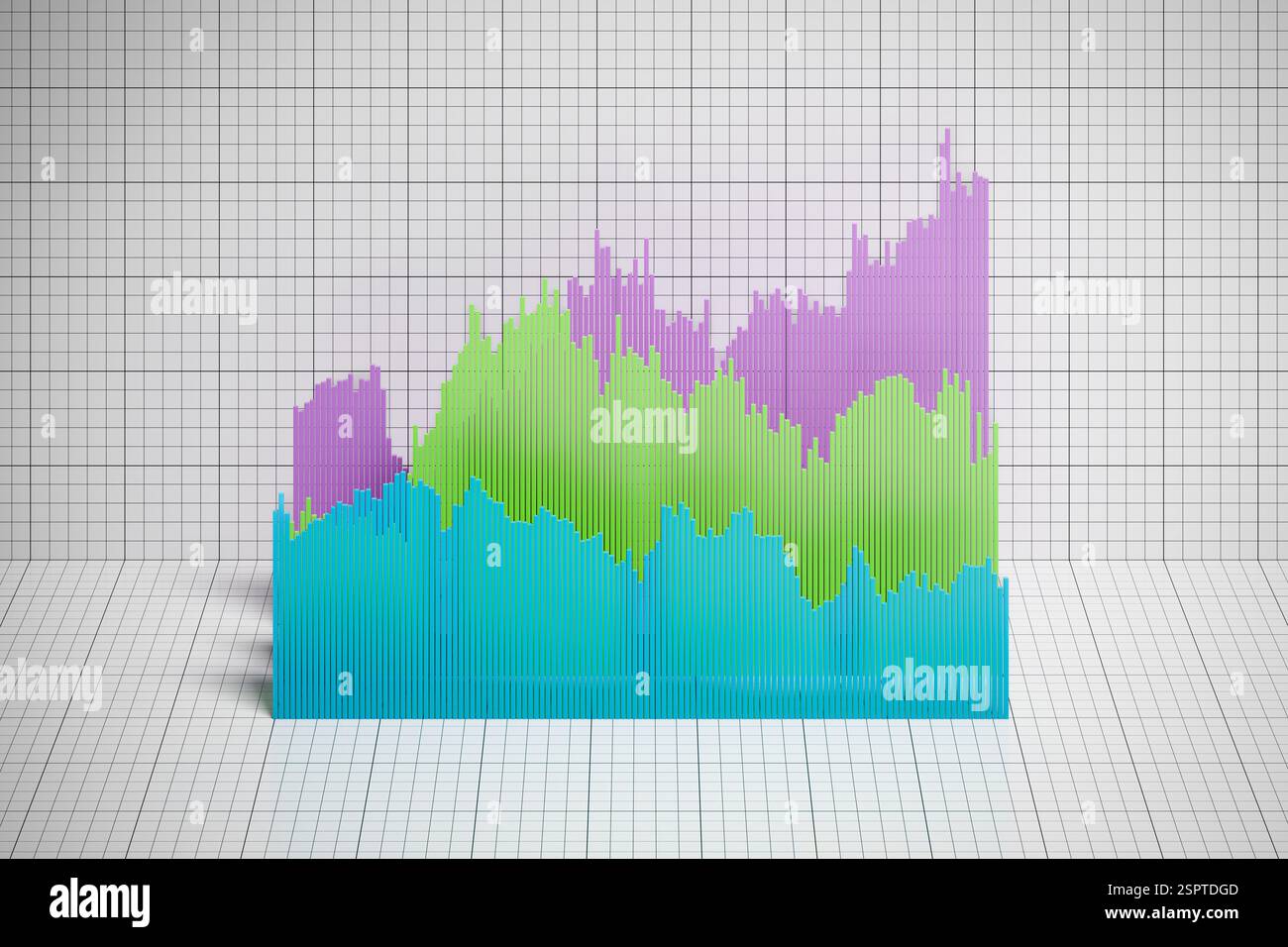 Grafico a barre dei prezzi storici di titoli, azioni, obbligazioni o materie prime o dati finanziari disposti in 3d su sfondo cartaceo su scala. Isometrico im Foto Stock