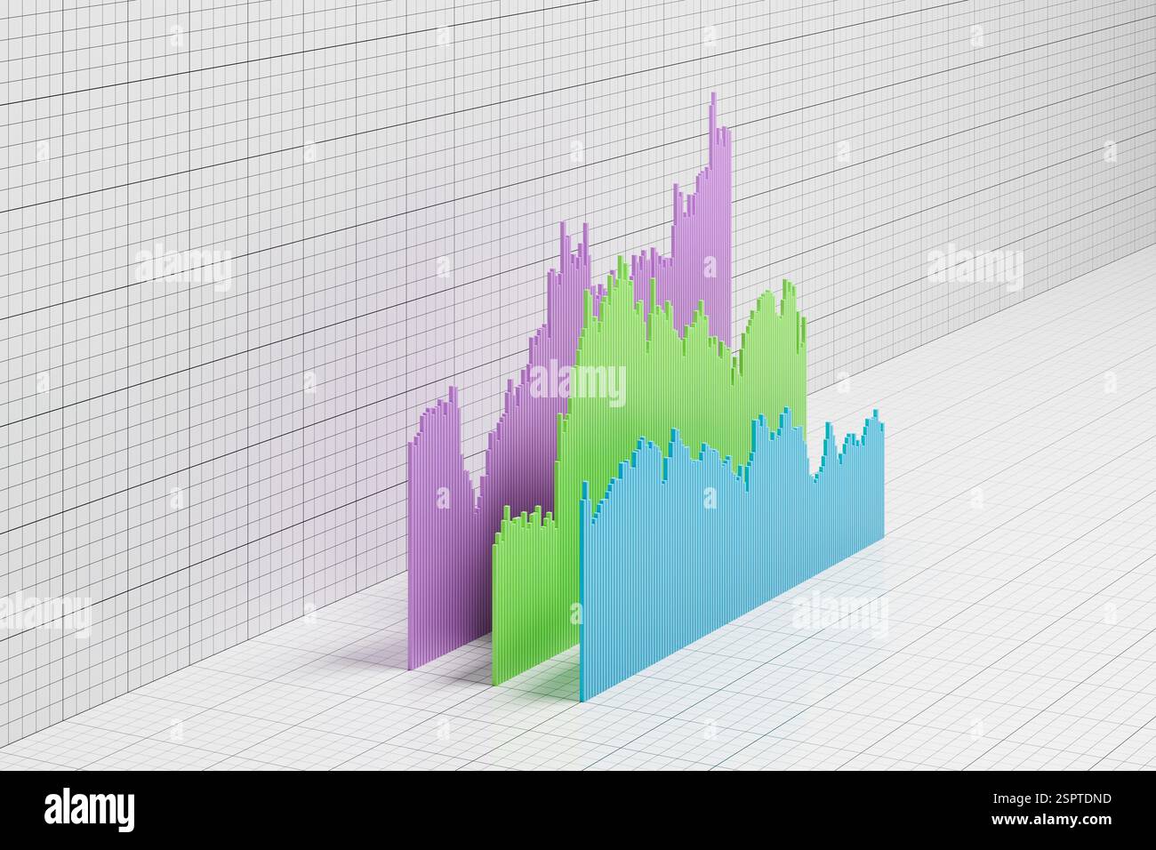 Grafico a barre dei prezzi storici di titoli, azioni, obbligazioni o materie prime o dati finanziari disposti in 3d su sfondo cartaceo su scala. Copia spazio Foto Stock
