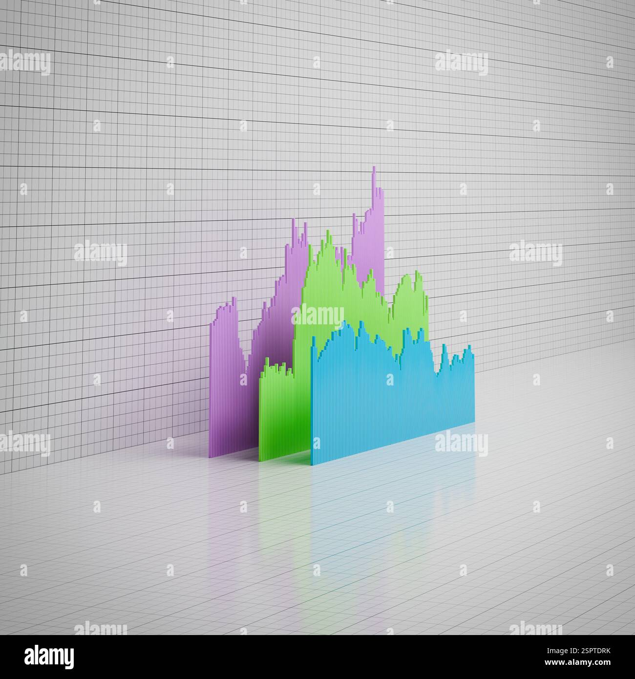 Grafico a barre dei prezzi storici di titoli, azioni, obbligazioni o materie prime o dati finanziari disposti in 3d su sfondo cartaceo con riflessi Foto Stock