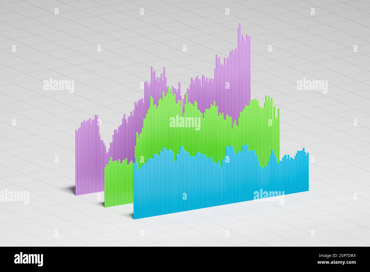 Grafico a barre dei prezzi storici di titoli, azioni, obbligazioni o materie prime o dati finanziari disposti in 3d su sfondo cartaceo su scala. Isometrico im Foto Stock