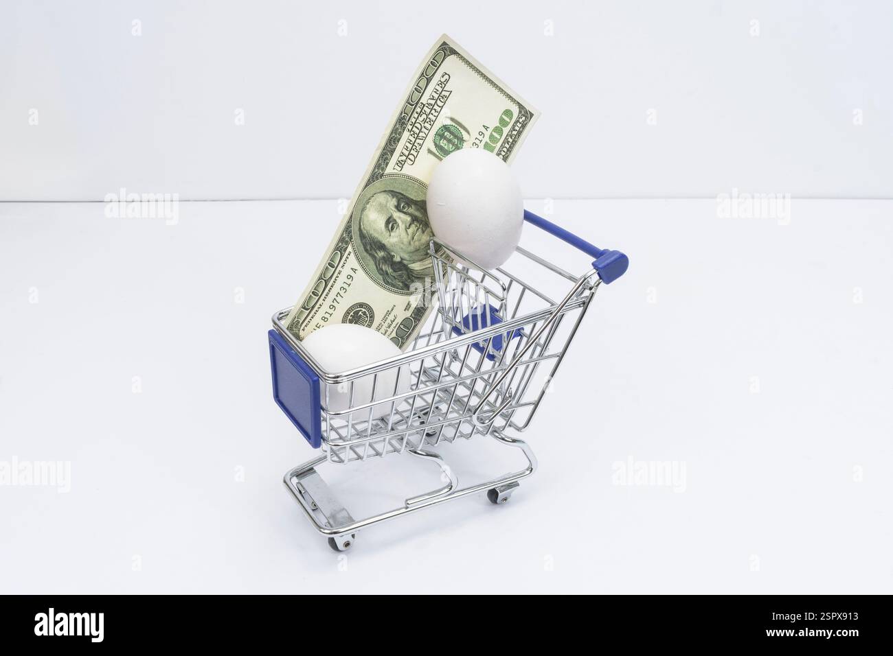 Colpo orizzontale che guarda in basso su un piccolo carrello della spesa con due uova e una banconota da cento dollari. Foto Stock