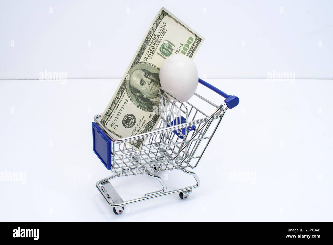 Immagine laterale orizzontale di un piccolo carrello con un uovo bianco molto costoso e una banconota da cento dollari con spazio per le copie. Foto Stock
