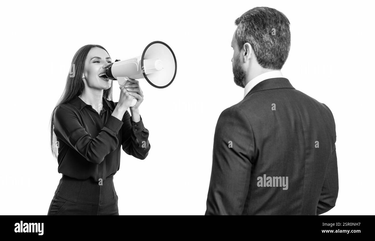 uomini d'affari partner in conflitto per la promozione. uomini d'affari che risolvono i conflitti. concetto di rivalità. conflitto d'affari. donna d'affari che urla contro Foto Stock