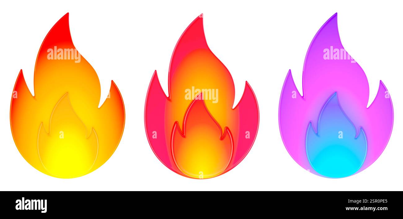 Fuoco fiamme, impostare icone di colore diverso. Rendering 3D isolato su sfondo bianco Foto Stock