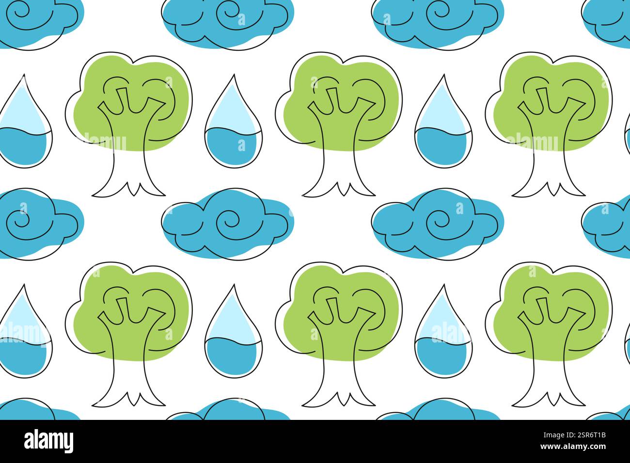 Motivo naturale caratterizzato da alberi stilizzati, gocce d'acqua e nuvole in colori vivaci Illustrazione Vettoriale