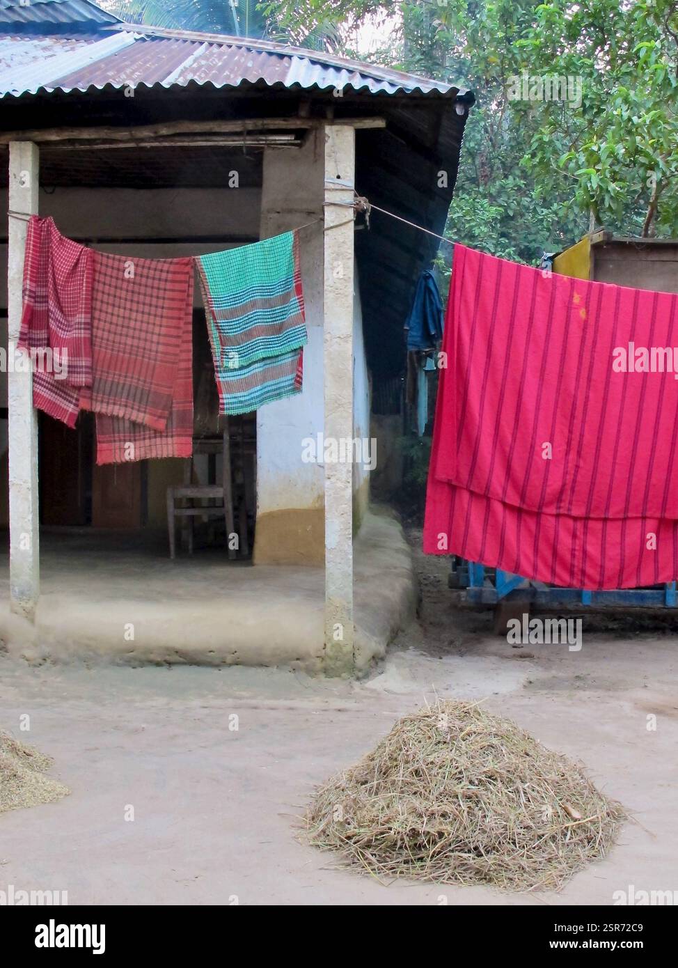 Fattoria rurale a Sylhet, Bangladesh, con vestiti che si asciugano su una linea e mucchi di fieno disposti nel cortile. Foto Stock