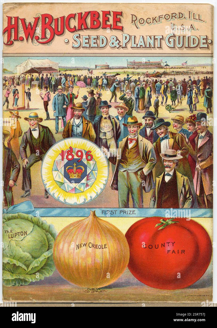Questa splendida copertina della guida alle piante e ai semi di H.W. Buckbee, stampata negli anni '1890, illustra splendidamente una vivace fiera agricola. Una folla di uomini elegantemente vestiti, alcuni con cappelli e abiti di alto livello, si impegnano in una conversazione gioiosa ammirando le cabine che espongono vari prodotti. Il banner di primo piano mostra l'anno 1896 insieme a simboli di competizione, sottolineando l'eccitazione di fiere e mostre. Foto Stock