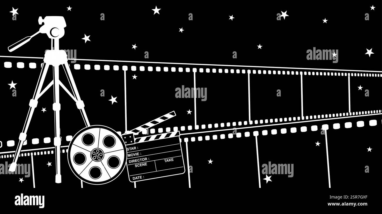 Sfondi di pellicola per illustrazioni vettoriali con stelle e bobina per fotocamera per presentazioni e ponti, annunci, materiali di marketing, interfacce digitali Illustrazione Vettoriale