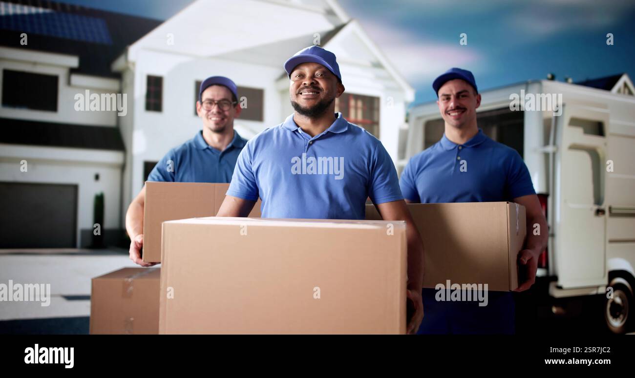 Diversi gruppi di traslocatori sorridenti davanti al furgone. Foto Stock