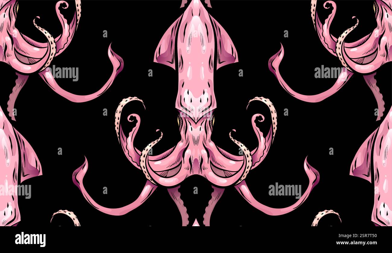 Motivo vettoriale senza cuciture con calamari inquietanti su sfondo nero. Texture con abitanti del mare con tentacoli in stile cartoni animati per sfondi Illustrazione Vettoriale