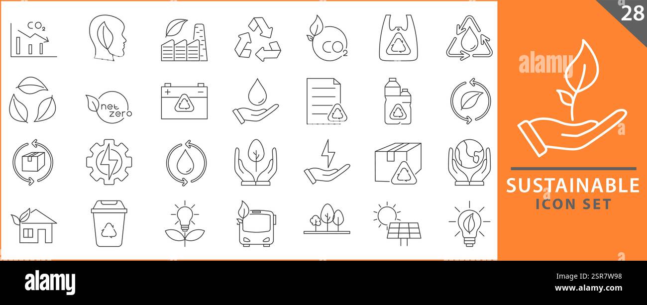 Set di icone sostenibili. Raccolta delle icone delle energie rinnovabili, dell'ecologia e dell'elettricità verde. icone di energia verde. Illustrazione vettoriale. Illustrazione Vettoriale