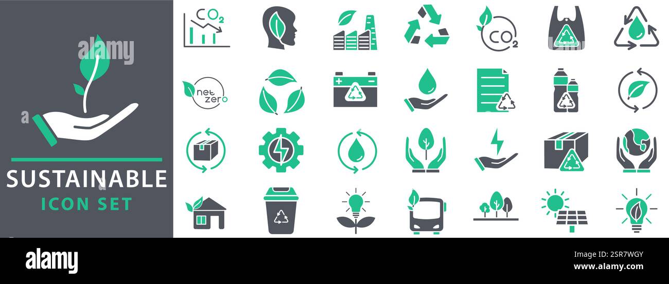 Set di icone sostenibili. Raccolta delle icone delle energie rinnovabili, dell'ecologia e dell'elettricità verde. icone di energia verde. Illustrazione vettoriale. Illustrazione Vettoriale