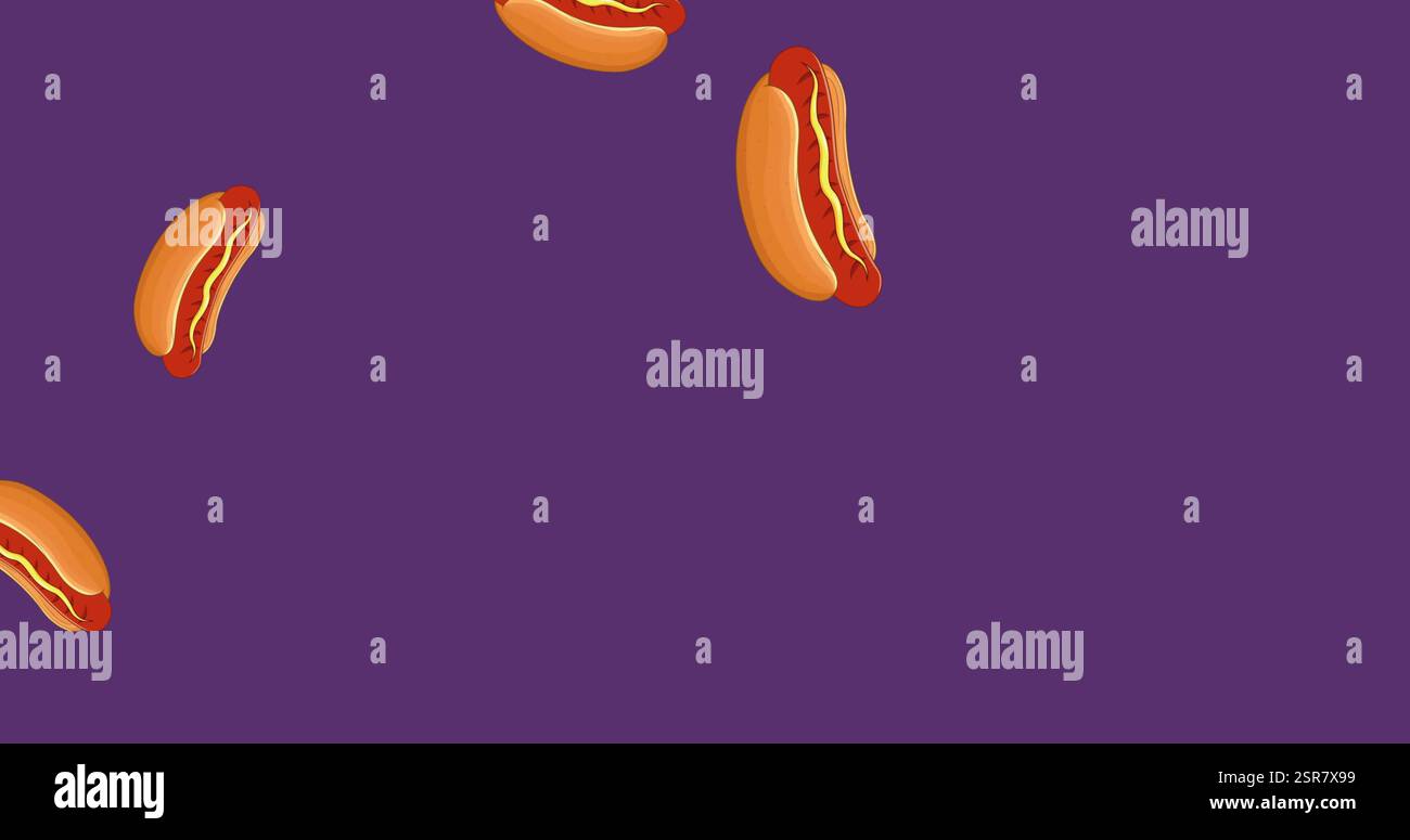 Immagine di hot dog caduta icone su sfondo viola Foto Stock