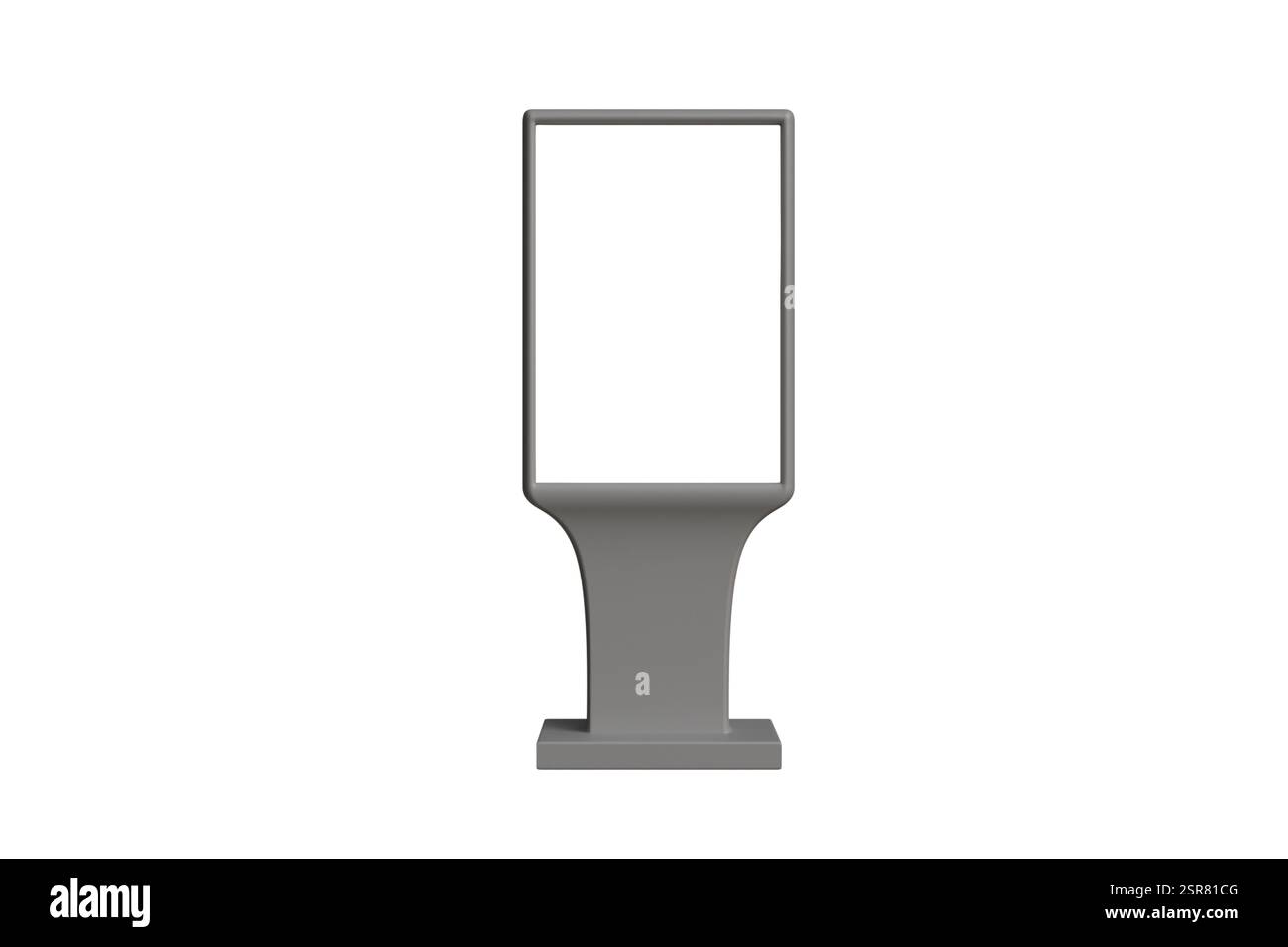 Modello 3D di un cartellone grigio da pavimento con uno spazio vuoto bianco su sfondo bianco, spazio pubblicitario Foto Stock