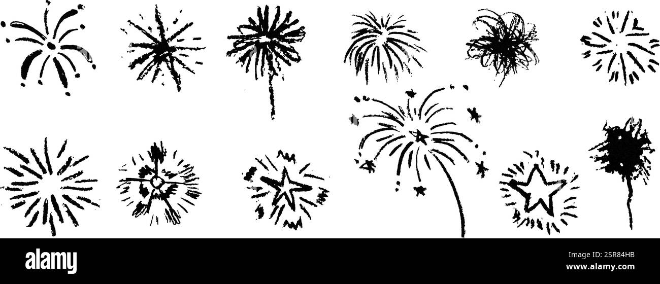 Fuochi d'artificio una bella matita disegna gli elementi per festeggiare il compleanno e l'anniversario. Set di schizzi di colore nero in stile fulmini, esplosioni, raggi solari Illustrazione Vettoriale