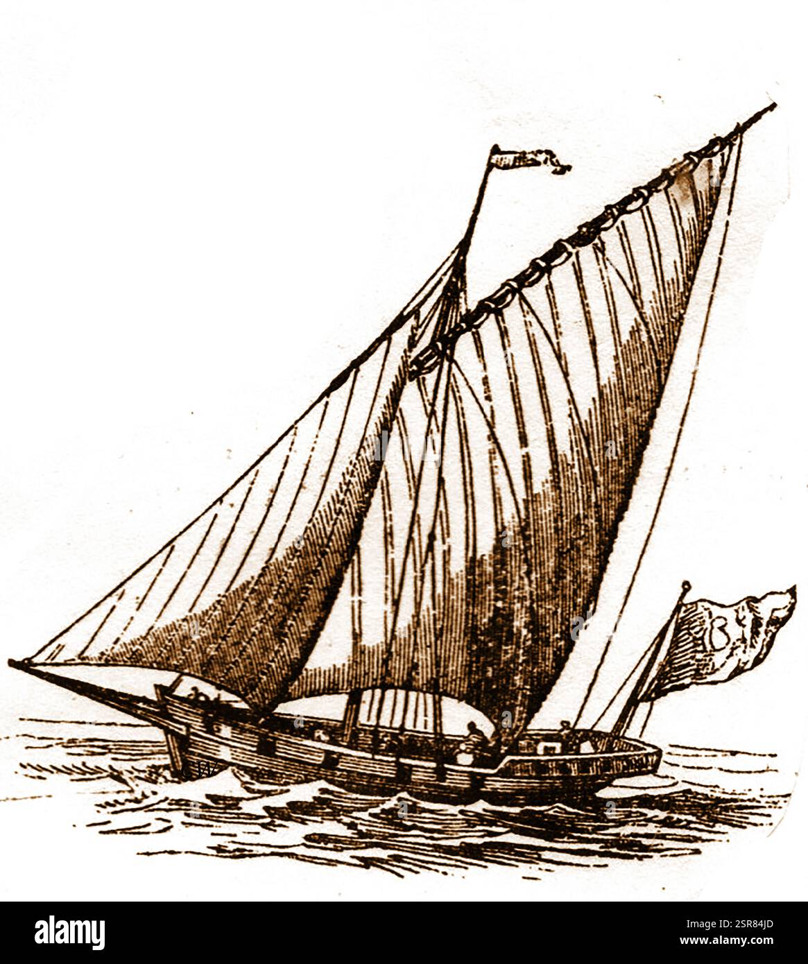 Termini della nave a vela - una vecchia illustrazione che mostra un tartan o un tartano, noto anche come tartano, una piccola nave un tempo utilizzata per la pesca e il commercio costiero nel Mediterraneo Foto Stock