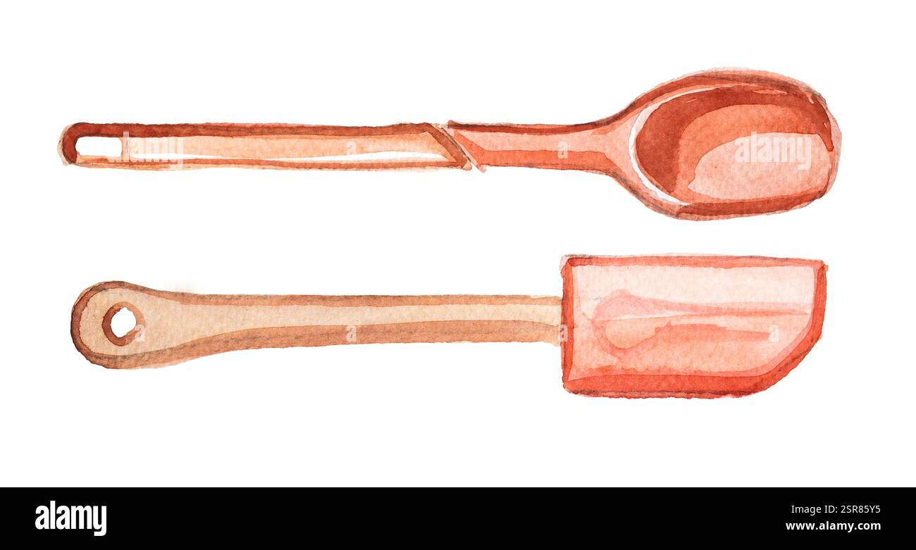 La cucina in legno ad acquerello fornisce la pittura. Illustrazione del concetto di cucina. Foto Stock