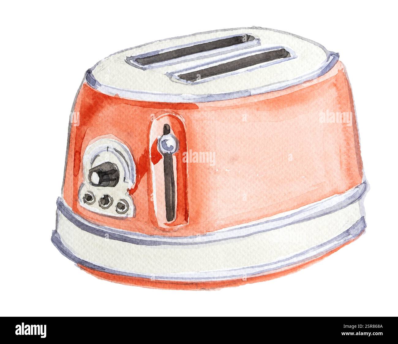 Tostapane rosso isolato su bianco. Concetto di cucina clipart acquerello. Foto Stock