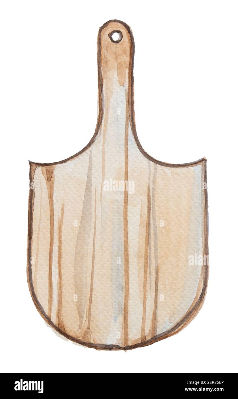 Illustrazione del tagliere in acquerello. Tavola di legno kirchen dipinta a mano. La cucina fornisce la pittura. Concept design di cucina. Foto Stock