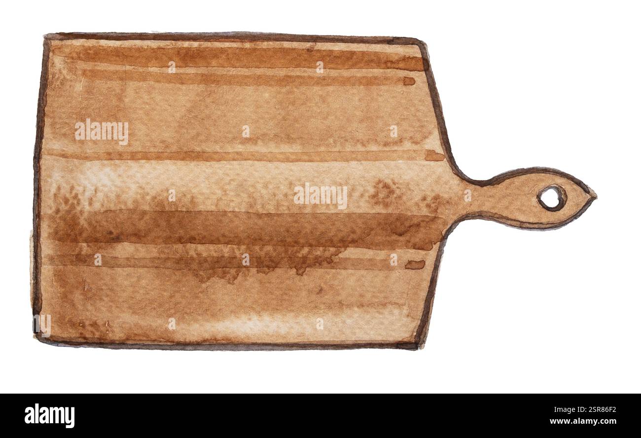 Illustrazione del tagliere in acquerello. Tavola di legno kirchen dipinta a mano. La cucina fornisce la pittura. Concept design di cucina. Foto Stock