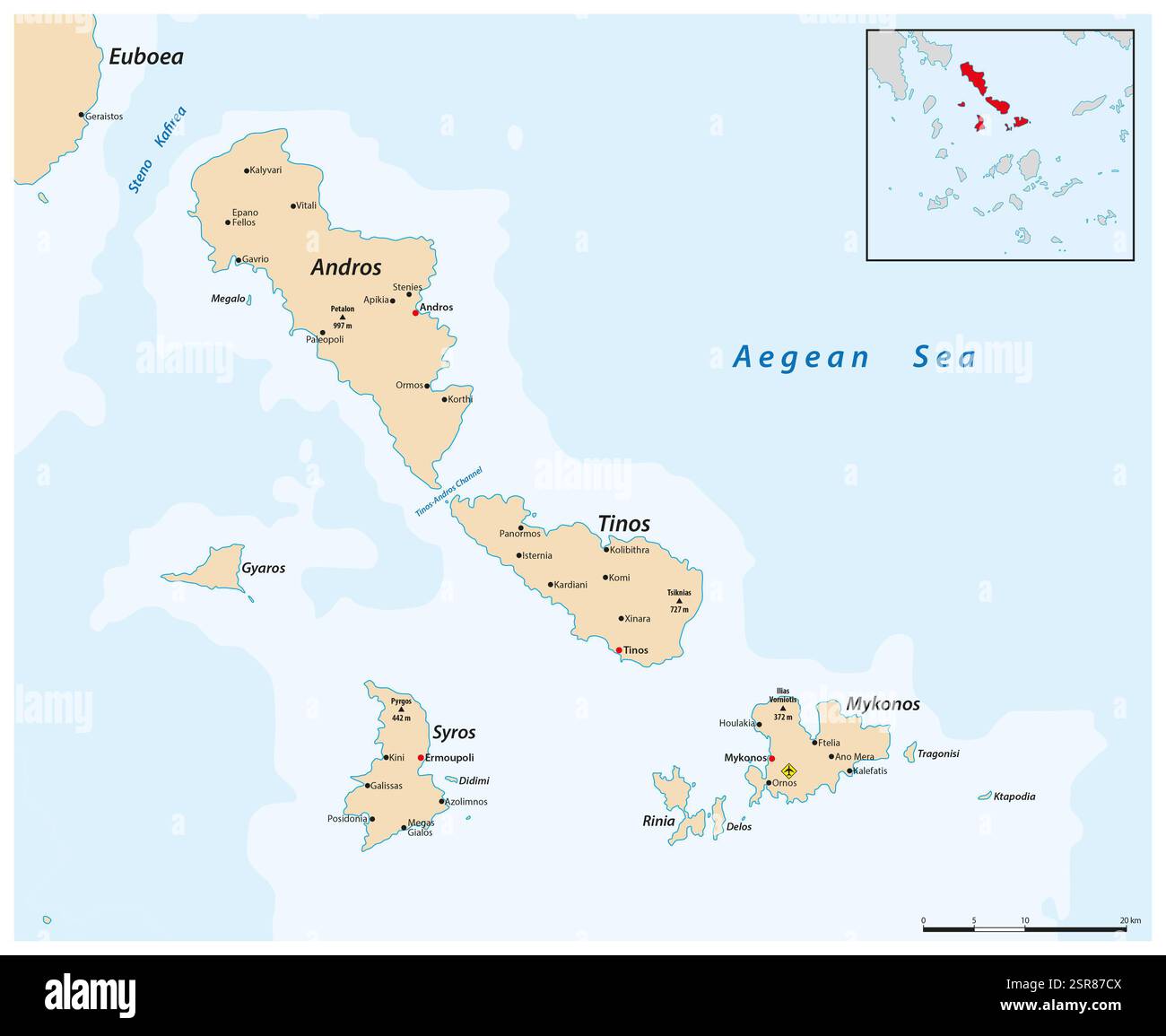 Mappa delle isole Cicladi greche Andros, Tinos Syros e Mykonos Foto Stock