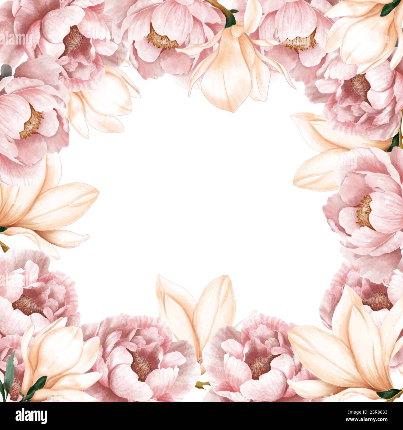 L'acquerello incornicia e fiori di peonia. Corona floreale con fiori eleganti su sfondo bianco isolato. Foto Stock