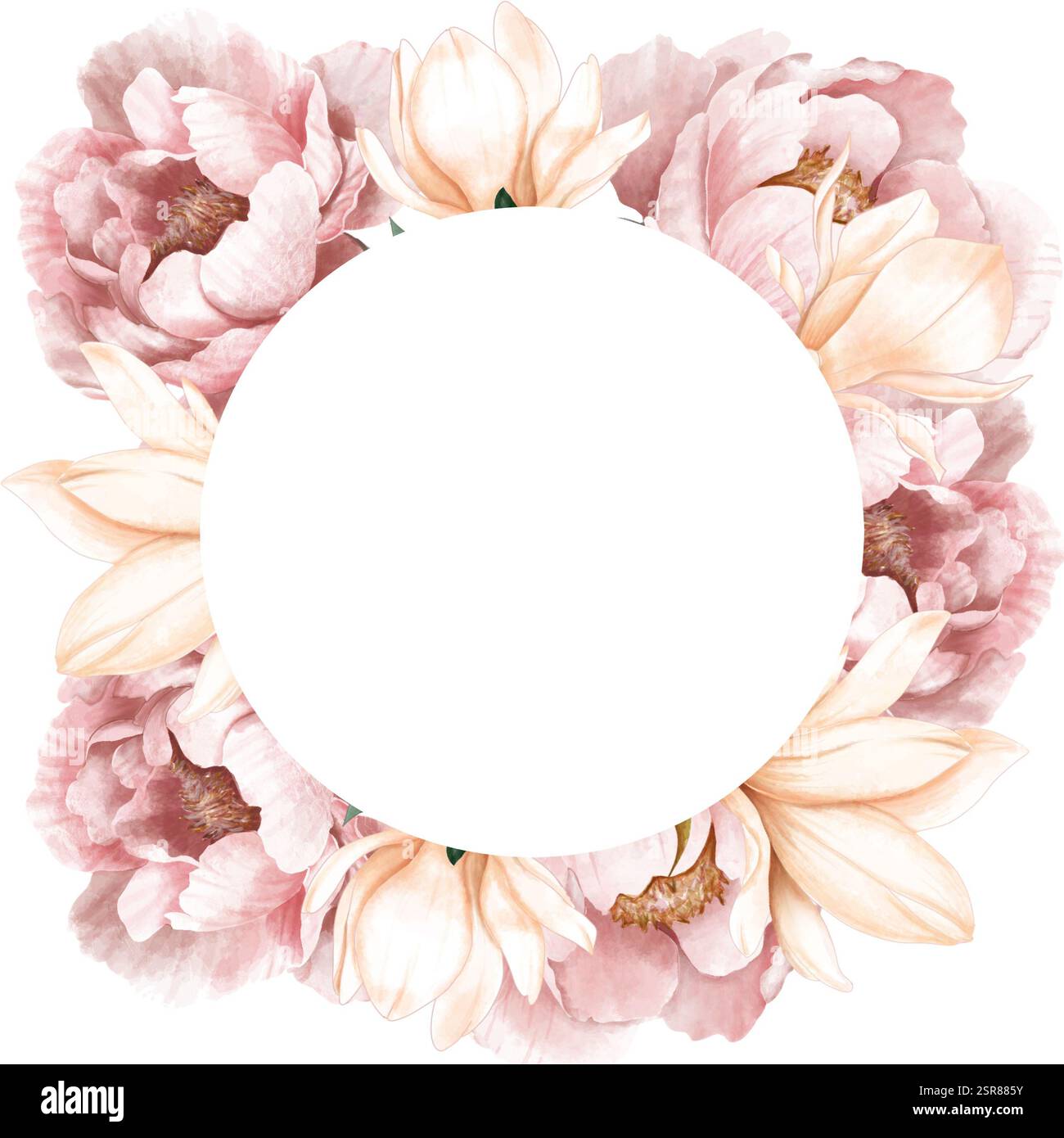 L'acquerello rotondo incornicia magnolia e fiori di peonia. Corona floreale con fiori eleganti su sfondo bianco isolato. Foto Stock