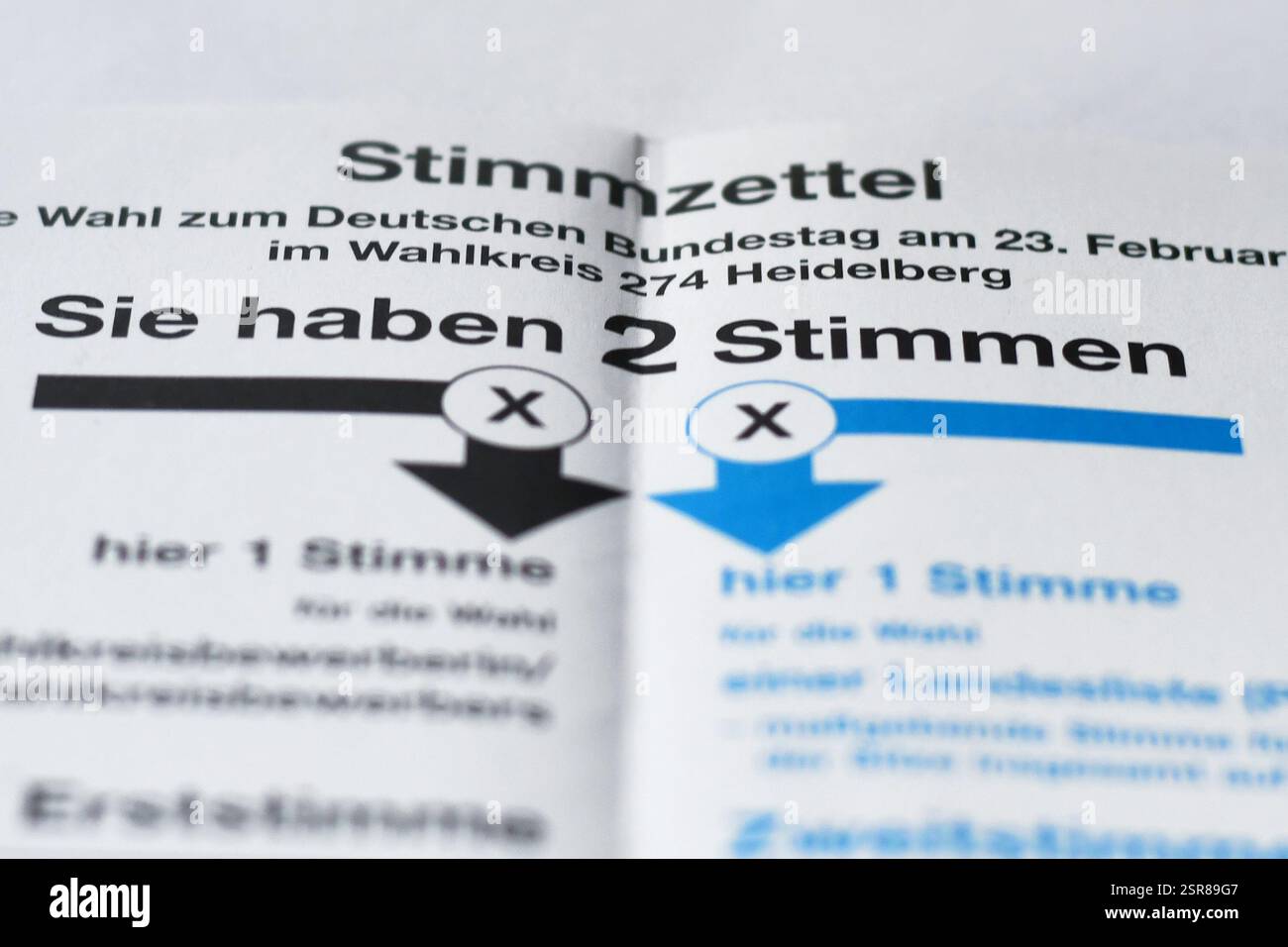 Germania - febbraio 2025: Primo piano delle schede elettorali per le elezioni del parlamento federale tedesco chiamato "Bundestagswahl" Foto Stock