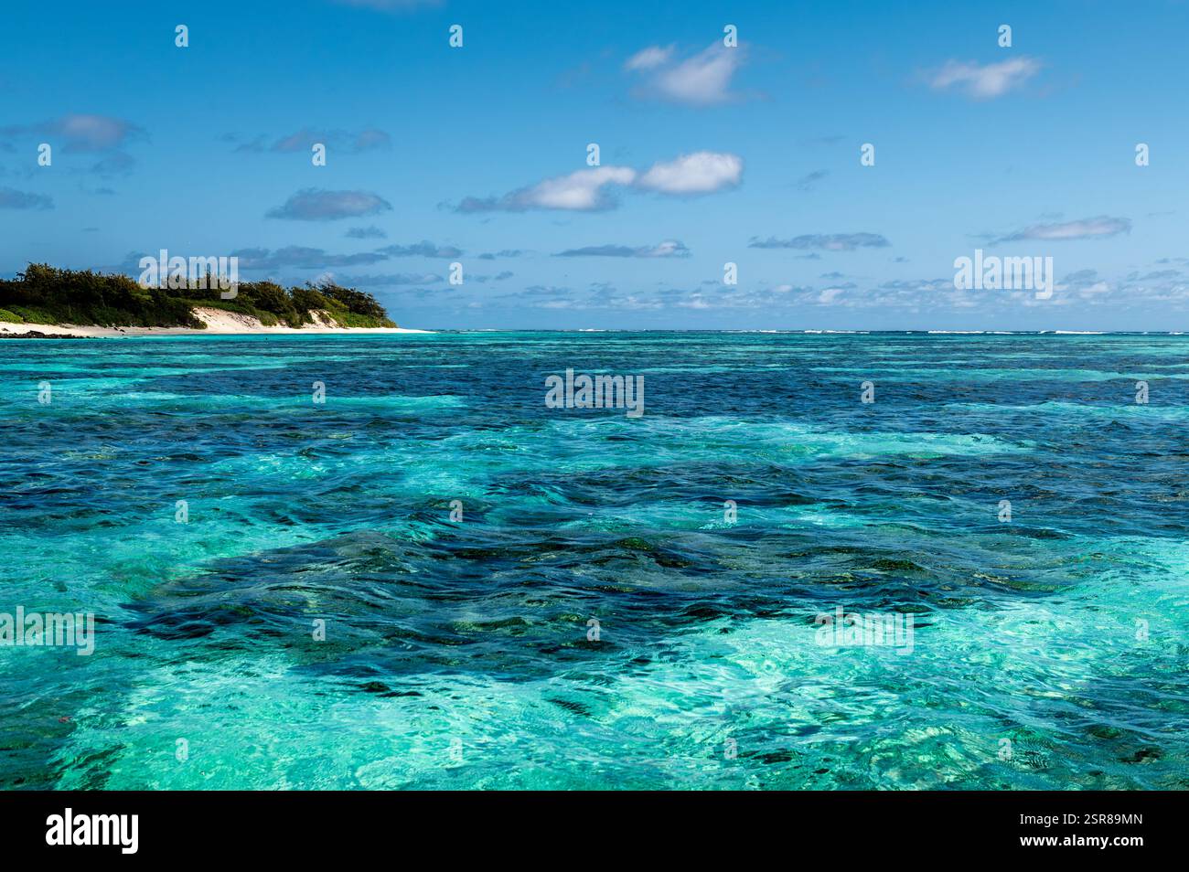 Una spiaggia di sabbia su un'isola remota al largo dell'isola di Mauritius, vista dalle acque turchesi e poco profonde Foto Stock