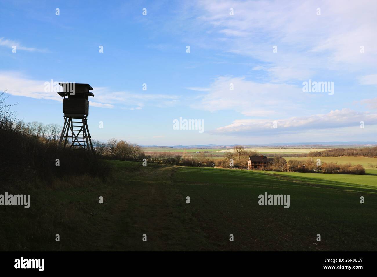 ein Herbstspaziergang im Harz rund um den Friedrichhohenberg mit Aussicht in das Harzvorland, am linken Rand ist ein Hochsitz zu sehen Foto Stock