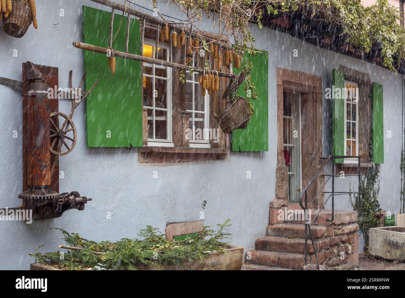Accogliente vista sul cortile con persiane verdi, nevicate e atmosfera rurale, Alsazia, Francia, Europa Foto Stock