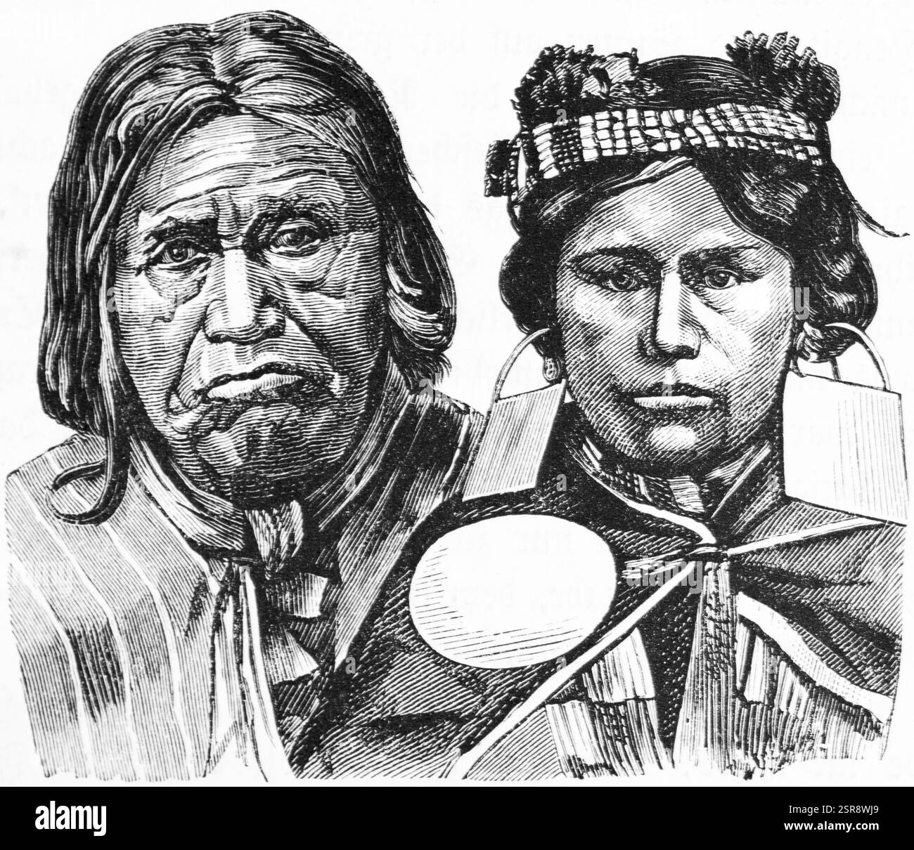 Uomo e donna della tribù indigena indiana degli Aurecani, fascia, sciarpa, gioielli, ritratto di profilo e dal fronte, storico Cile, il Foto Stock