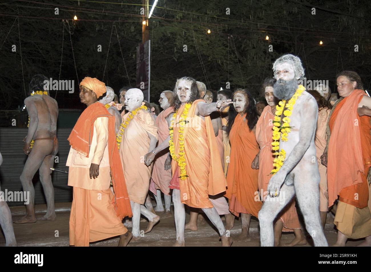 Naga sadhvis e sadhu andando a prendere santo dip, Kumbh Mela, Madhya Pradesh, India, Asia Foto Stock
