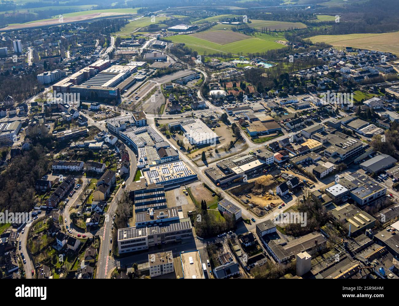 Vista aerea, stabilimento della Kiekert AG per la fabbrica di ricambi auto, zona industriale di Hasselbecker Straße, Heiligenhaus, zona della Ruhr, Renania settentrionale-Vestfali Foto Stock