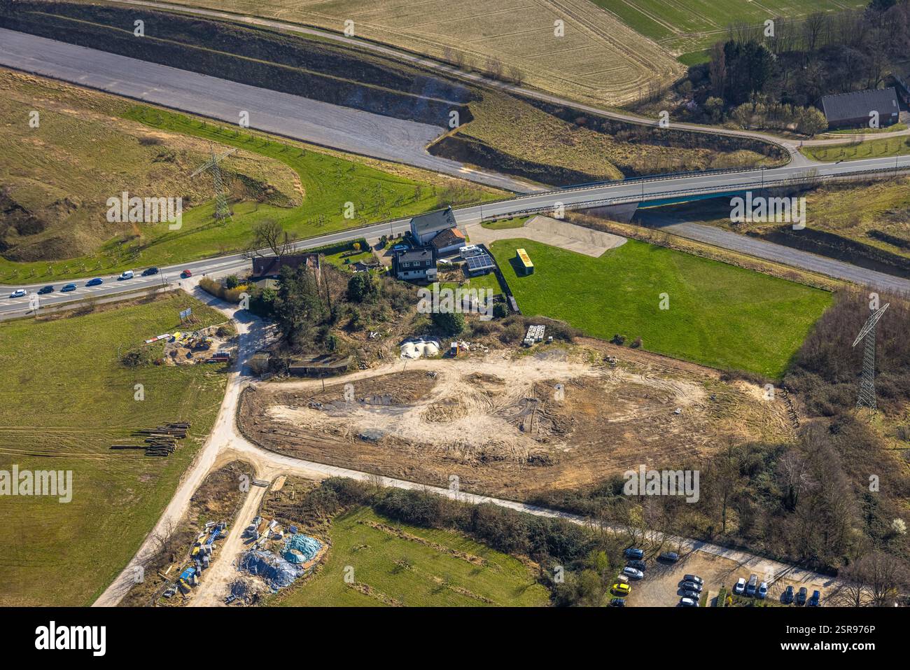 Vista aerea, area di costruzione, nuova sezione di costruzione dell'autostrada A44, chiusura del divario tra Ratingen-Ost e Velbert, Heiligenhaus, zona Ruhr, No Foto Stock