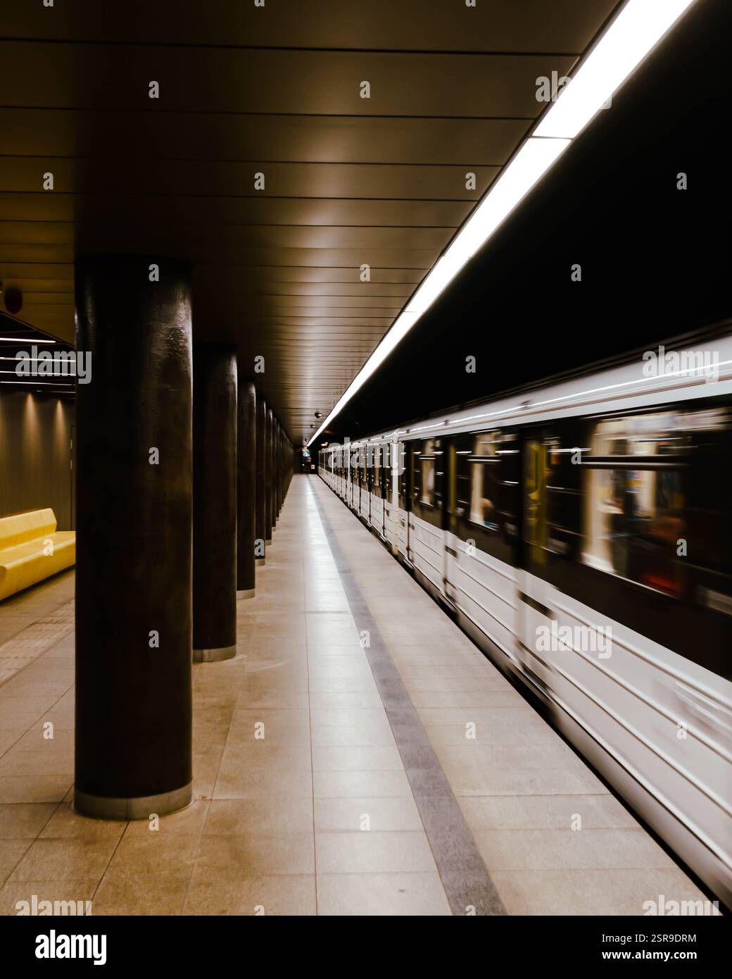 Metropolitana di Budapest in movimento: Uno scatto dinamico che mette in evidenza elementi architettonici e linee guida, catturando l'essenza della vita urbana. Foto Stock