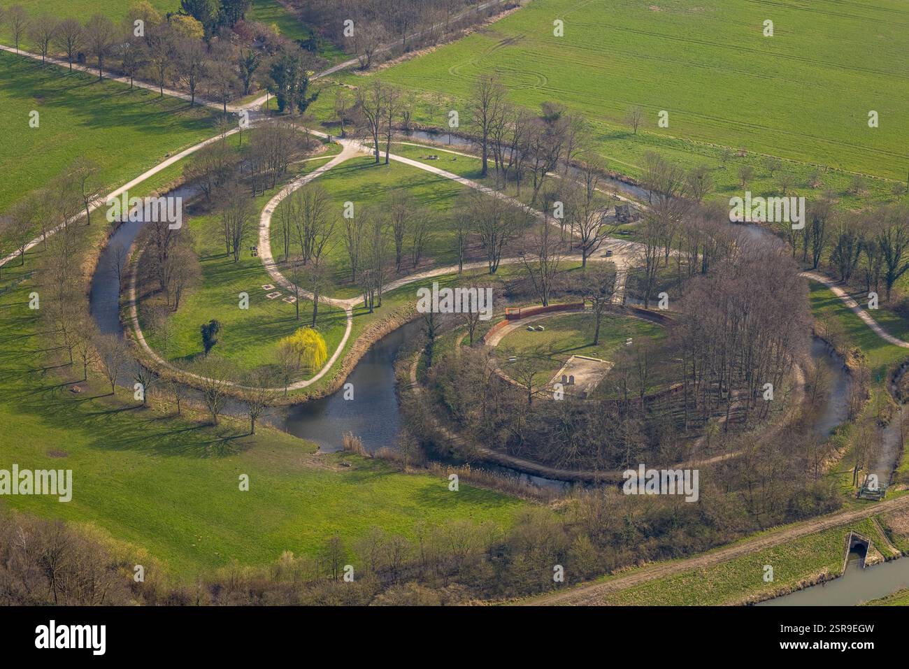 Vista aerea, Marker Burghügel, Burg Mark, vista, monumento storico culturale, Uentrop, Hamm, regione della Ruhr, Renania settentrionale-Vestfalia, Germania Foto Stock