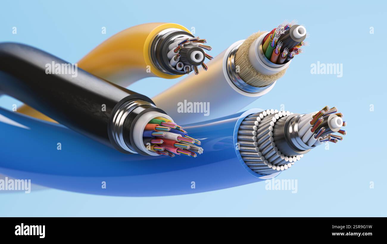 Cavo Internet in fibra ottica di vario tipo. Struttura degli strati di sezione trasversale dei cavi in fibra. illustrazione 3d. Foto Stock