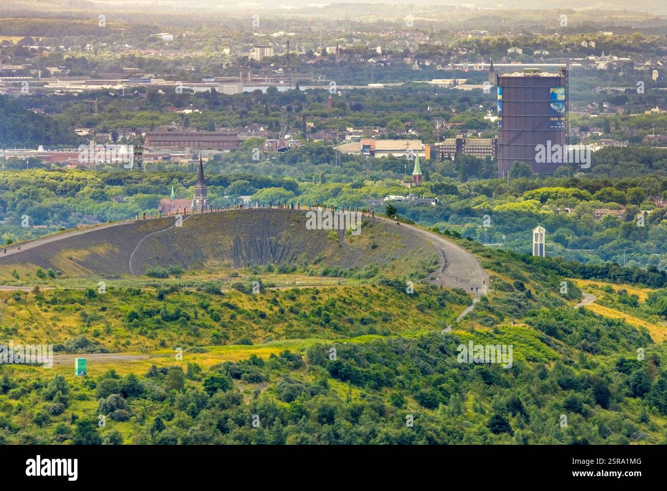 Vista aerea, Haniel scorie, totem colorati di Agustín Ibarrola, Gasometer Oberhausen, Fuhlenbrock, Bottrop, Ruhr, Renania settentrionale-Vestfalia, Germ Foto Stock