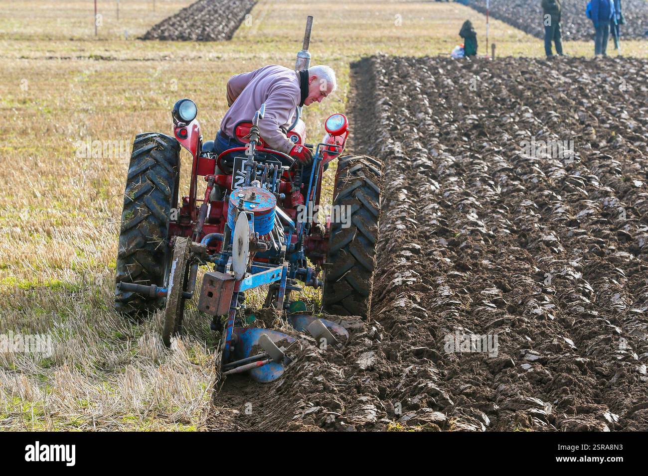 Monktonhill, Regno Unito. 15 febbraio 2025. L'Ayrshire Ploughing Association Plowing match si è svolto presso la Monktonhill Farm, vicino a Prestwick, Ayrshire, Scozia, Regno Unito. I concorrenti hanno partecipato a un massimo di 7 categorie diverse, con i vincitori che si sono aggiudicati i concorsi nazionali e internazionali. C Manson di Linlithgow aratura con la sua McCormick B275. Crediti: Findlay/Alamy Live News Foto Stock