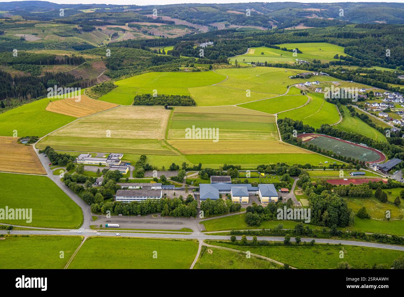 Vista aerea, Ludwig-zu-Sayn-Wittgenstein-Schule Hauptschule e Städt. Realschule, prati e campi, area boschiva con danni forestali e terreni collinari Foto Stock